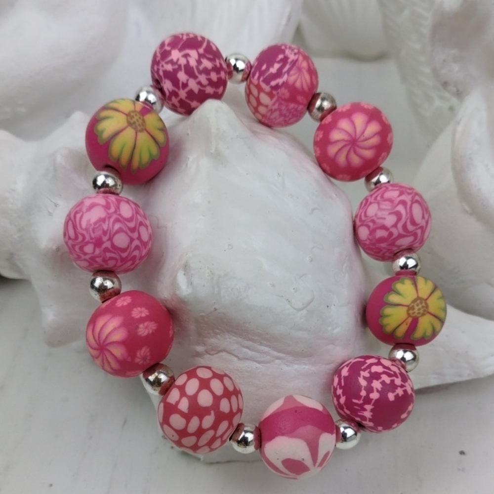 Pink Ceramic Flower & Polka Dot Graphics Beaded Stretch Bracelet